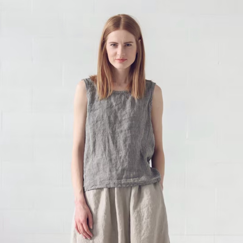 Flax Gray Gingham Linen Tank Top